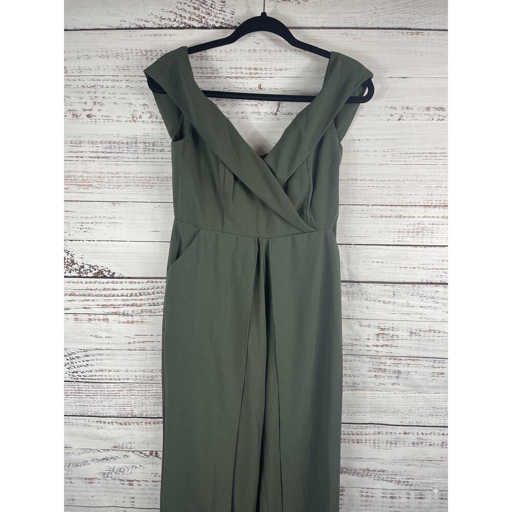Luxxel Jumpsuit Women's SZ L Green Off Shoulder Wide Leg Elegant Pockets LJP4234 - Picture 3 of 10
